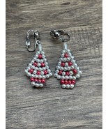 Vintage Hand Beaded White Pink Christmas Tree Danle Drop Earrings KG JD - $9.89