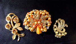 3 Vintage Rhinestone Pearl Brooches Coro Roses Germany Told Tone 1940-50s - $35.00