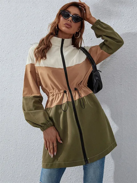 Autumn  Winter Trench Streetwear Pink Green Brown Beige Strips Zipper Hight Wais - £131.64 GBP