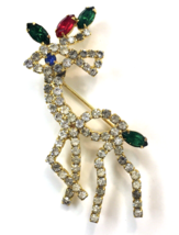 Vintage Reindeer Christmas Pin Brooch Prong Set Rhinestones Blue Green Red White - £14.38 GBP