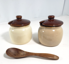 VTG 2 Small Ceramic Canister Sugar / Cream Bowl Jars with Lids+ 1 Wooden Spoon - £20.70 GBP