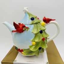 Pier 1 Imports Teapot Porcelain Cardinals &amp; Christmas Tree Hand Painted Ceramic - £54.60 GBP