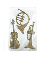 KURT ADLER SET OF 3 LOT GOLD &amp; SILVER GLITTER MUSICAL INSTRUMENT XMAS OR... - £10.29 GBP