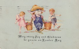 Postcard Fantasy Dressed Bunny with Glasses Carrying Baskets of Eggs Easter - $9.95