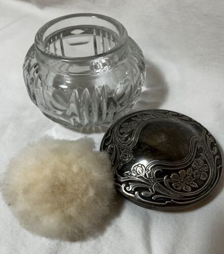 Primary image for Antique Silver Lidded Cut Glass Vanity Jar French Swansdown Silk Powder Puff