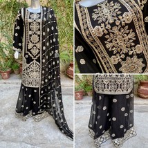 Pakistani Black Straight Style Embroidered Sequins Chiffon Sharara Dress,XL - £110.39 GBP