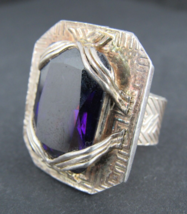 Mid Century Modern 999 FINE SILVER amethyst sterling ring chunky MCM 1950&#39;s 5.5 - £40.21 GBP