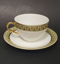 Limoges France Vignaud Holiday Pattern Gold Trim Porcelain Teacup &amp; Sauc... - $12.82