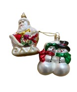 Vintage Christmas Ornament Pair Blown Santa In Sleigh Snowman and Snow W... - $271.76 MXN