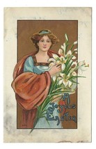 A Joyous Easter Vintage Postcard Woman With Flowers Embossed Religious Christian - $9.89