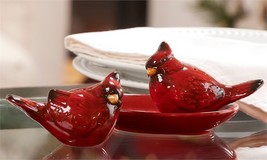 Cardinal Bird Salt and Pepper Shakers Set with Oval Tray Red Ceramic Wild Nature image 2