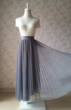 Gray Pleated Long Tulle Skirt Women Custom Plus Size Tulle Prom Skirt