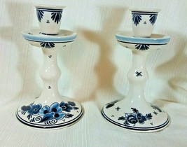 Vintage Signed Two Royal Goedewaagen Delfts Blauw Candle Sticks Blue Floral 1874 - £97.95 GBP