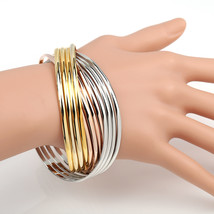 Tricolor (Rose, Silver, Gold Tone) 12-Strand Bangle Bracelet - £25.65 GBP