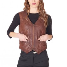 Brown Button Jacket Women Lambskin Leather  Coat Classic Waistcoat Western Vest - £84.43 GBP