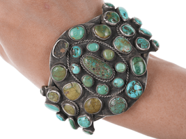 7.5&quot; 30&#39;s-40&#39;s Navajo Silver Turquoise cluster bracelet - £1,359.14 GBP