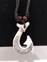 Tribal Bone Maori Style Carved and Painted Fish Hook Pendant Cord Necklace New - $11.29