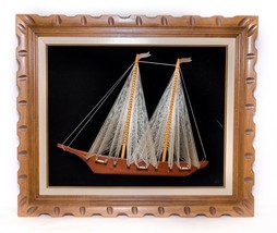 Vintage Wood Sailboat String &amp; Nail 3 D Art Wall Framed Black Velvet Boat Ship - £77.07 GBP