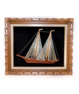 Vintage Wood Sailboat String &amp; Nail 3 D Art Wall Framed Black Velvet Boa... - £78.58 GBP