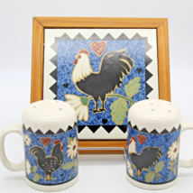 Country Tile Trivet &amp; Ceramic Salt Pepper Shakers Set Rooster Farmhouse Vintage  - £11.82 GBP