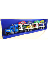 TRUCK: BLUE TRANSPORTER 18 WHEELER W/DOUBLE TRAILERS 8 MULTI COLOR CARS ... - £15.64 GBP