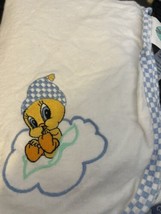 Vintage Looney Tunes Baby Tweety Bird Blanket Blue Gingham Trim 1997 Cotton - £27.93 GBP