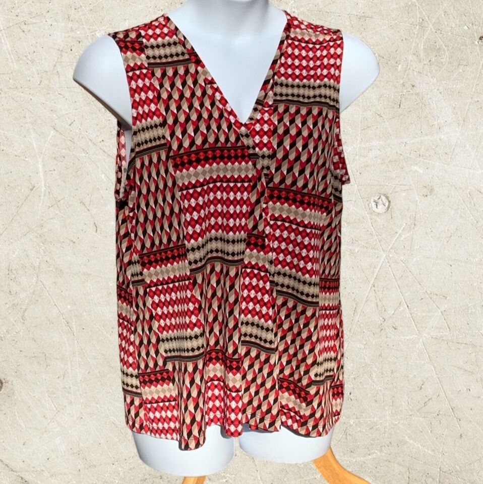 Primary image for DANA BUCHMAN SLEEVELESS VNECK RUCHED RED BLACK GEOMETRIC PULLOVER TUNIC XL