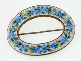 Brass Oval Enamel Flower Loop Brooch with Gorgeous Detail - $57.75