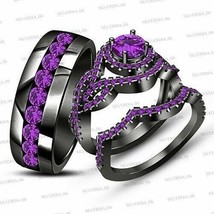 2.50CT Round Cut Simulated Amethyst Trio Ring Set Gold Plated 925 Silver - £110.37 GBP