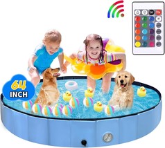 Dog Pool with RGB Lights Kiddie Pool for Toddlers 1 3 64&quot; Blue Pet Bathing Tub S - £60.77 GBP