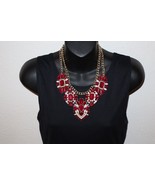 Chunky Necklace Gold Toned Chain Red White Stones Rhinestone Statement 18&quot; - $20.00