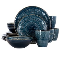 Elama Deep Sea Mozaic 16 Piece Luxurious Stoneware Dinnerware with Compl... - $132.65