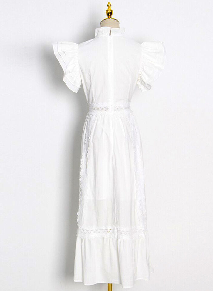 Women's Vintage Ruffled High-neck Crochet Trimmed Maxi Tiered Dress in White AUS Item image 4
