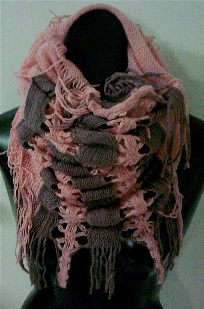 Primary image for Pink/Taupe Knit Fringe Infinity Tubular Scarf #223...NEW IN PACKAGE