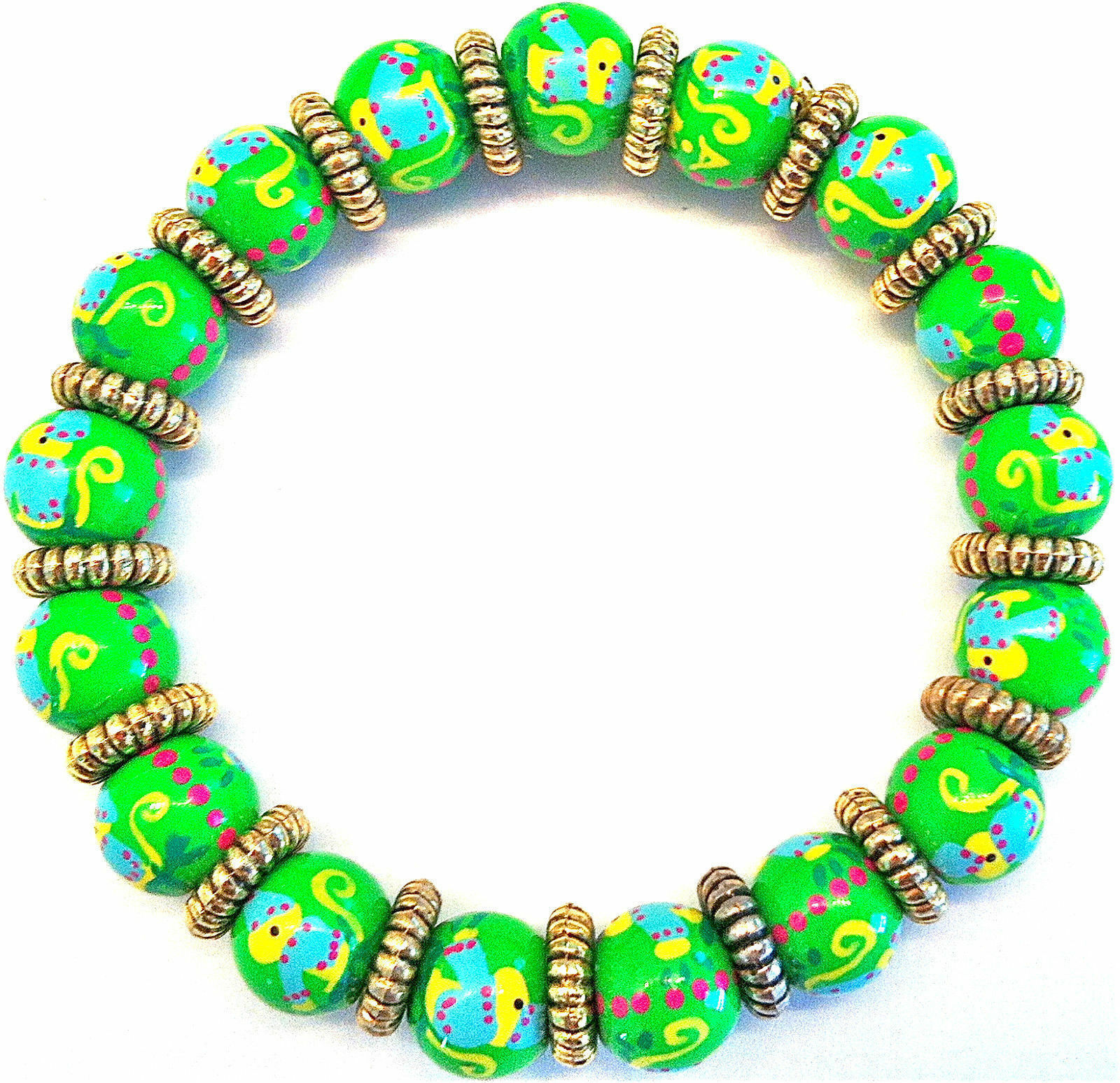 NEW ANGELA MOORE PETITE BEADED BRACELET GREEN W/ BLUE & YELLOW MONKEYS RED DOTS Item image 4