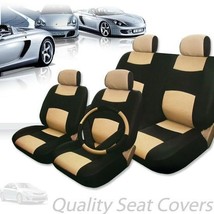 For Toyota Premium Black Tan Synthetic Leather Car Seat Steering Covers Set - £39.55 GBP