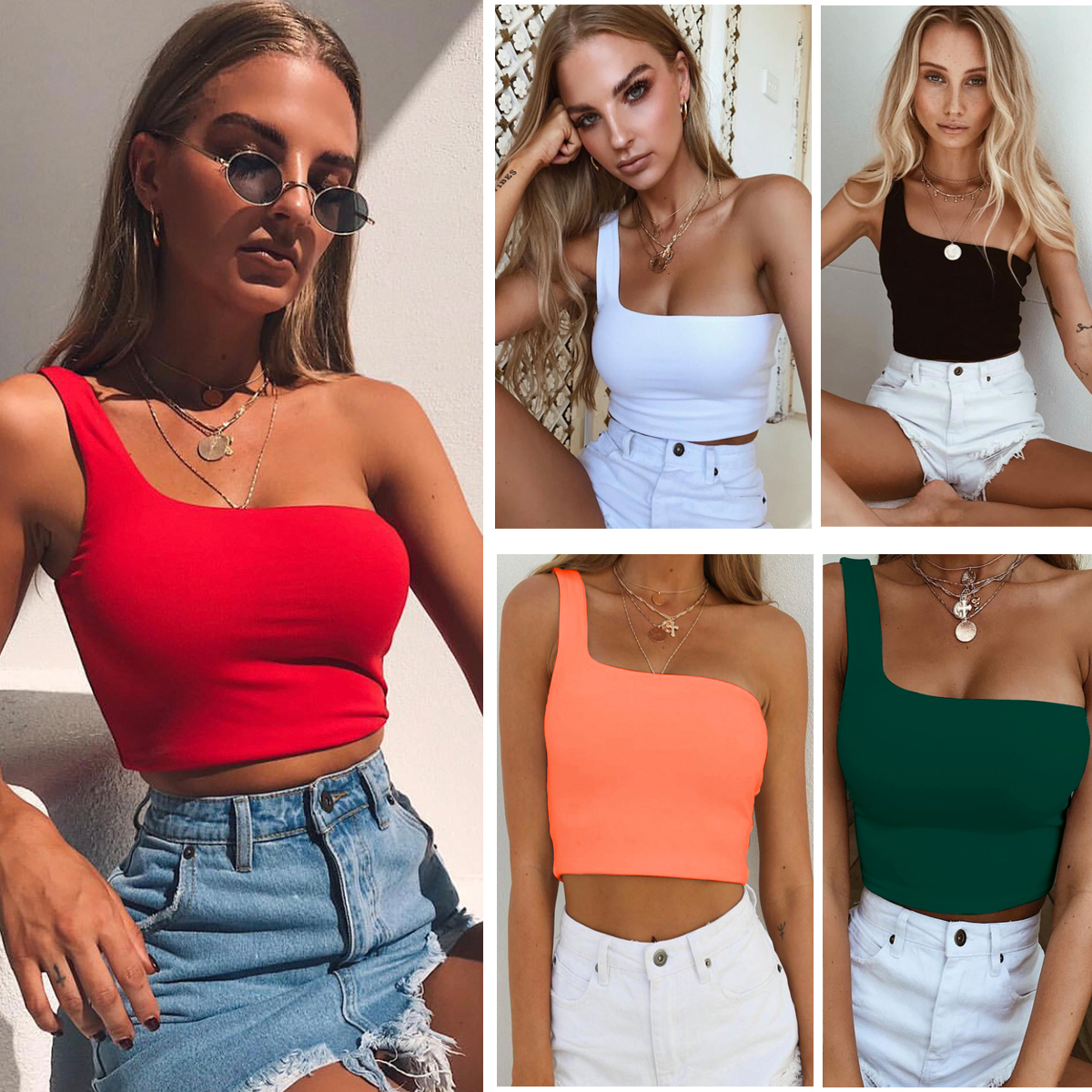 Summer Sexy One-shoulder Vest Crop Top Sleeveless T-Shirt Tank Tops Women Clothi