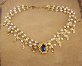 Vintage Monet pearl edwardian style necklace - signed Blue rhinestone brooch set - £153.44 GBP