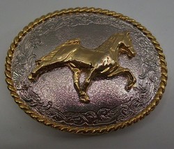 Horse Silver Gold Tone Oval Metal Belt Buckle 4&quot; x 3&quot; Fits 1.5&quot; Belt Width - £12.26 GBP