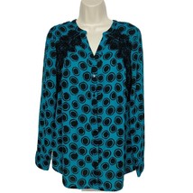 NWT Worthington Button Up Blouse Top Sm Geometric Black Blue Fringe Shou... - $13.86