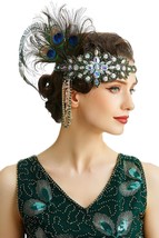 Women&#39;s 1920s Headband Flapper Feather Headpiece with Chain Roaring 20s Great Ga - £29.55 GBP