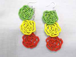 Rose Flower Bloom Green - Yellow - Red Rasta Reggae Color Wooden Dangle Earrings - £11.28 GBP