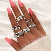 6pcs/set Jewelry Accessories Silver Punk Skull Finger Ring Set Gothic Heart Wing - £8.58 GBP