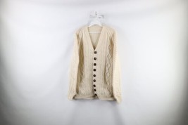 Vintage 50s Mens Small Cowichan Wool Chunky Cable Knit Cardigan Sweater Cream - $188.05