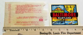 Baltimore Maryland Vtg Authentic Travel Sticker Decal &amp; Envelope Impko B7 - £8.84 GBP