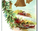 Merry Christmas Pine Bough Gilt Bells Landscapes Embossed UDB Postcard Y9 - $3.91