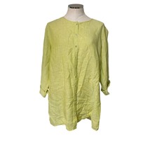 Tahari Linen Roll Tab Sleeve Button Down Lagenlook Top in Neon Lime Green Sz 1X - £24.72 GBP