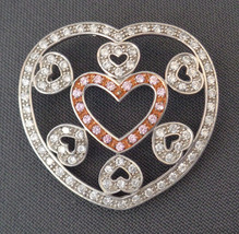 Vintage Heart Brooch Sterling Silver 925 Two Tone Pink Clear CZ Paved Si... - $24.99