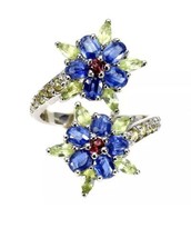 Natural Unheated Oval Kyanite Peridot Gems Sterling Silver Flower Ring Sz 8.5 - £75.16 GBP