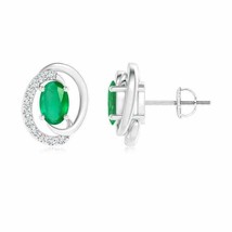 Natural Emerald Oval Stud Earrings with Diamond in 14K Gold (Grade-A , 6x4MM) - £661.26 GBP
